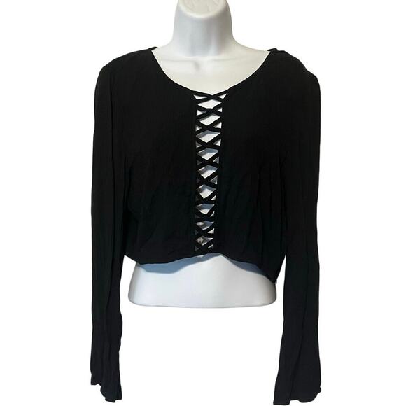 H&M COACHELLA COLLECTION Black Bell Sleeve Festival Top Cropped Size 12 Hippie - Picture 3 of 7